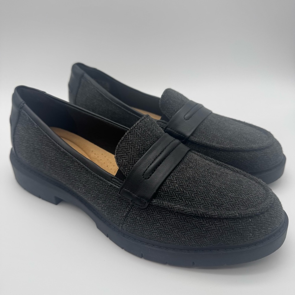 Clarks Westlynn Bay Women Sz 11 Black Grey Herringbone Loafer Shoe New